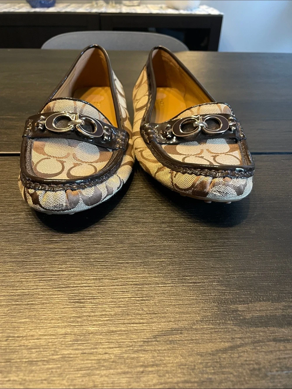 Coach Tan & Brown Signature Canvas Loafers with Metal Bit